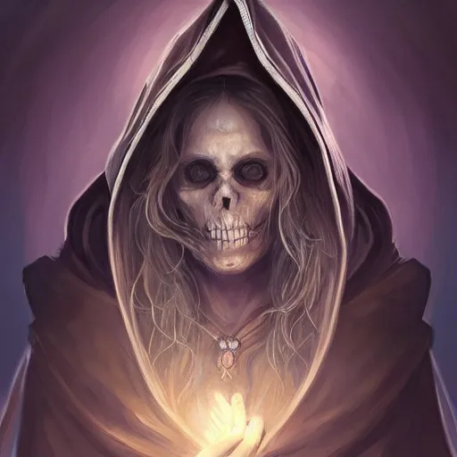 Image similar to portrait of archmage skeleton in a hoodie, d & d, face, fantasy, intricate, elegant, highly detailed, digital painting, artstation, concept art, smooth, sharp focus, illustration, art by artgerm and greg rutkowski and alphonse mucha