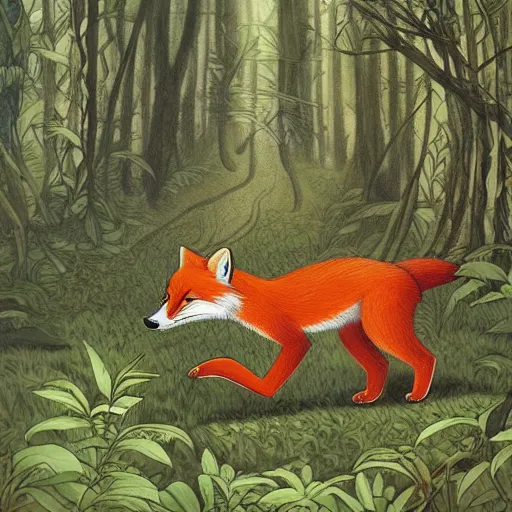 Image similar to an adventurous anthropomorphic fox walking through a lush forest, James jean