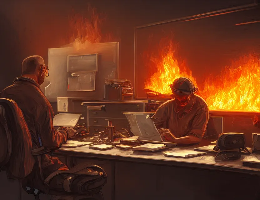 Image similar to a man works at a workstation in a very big office with burning fires, close up, featured in artstation, intricate, ultra detailed, digital painting, concept art, wide - angle lens, sharp focus, illustration, 8 k