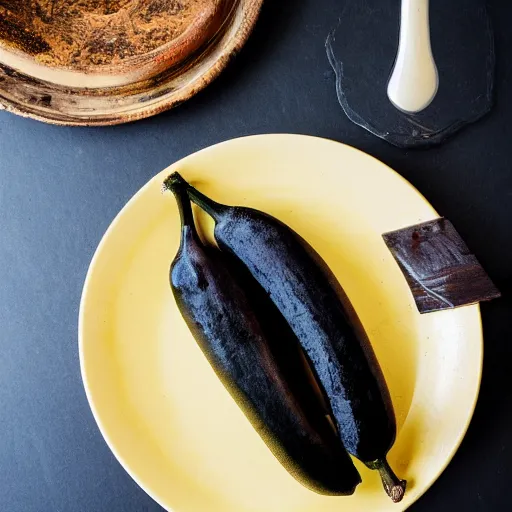 Prompt: photo of a delicious black banana on a plate on the table of a rustic farmhouse in cornwall