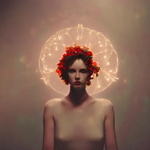 Image similar to movie still of a girl with a cyborg plants flowers helmet, cinematic composition, cinematic light, by edgar wright and david lynch