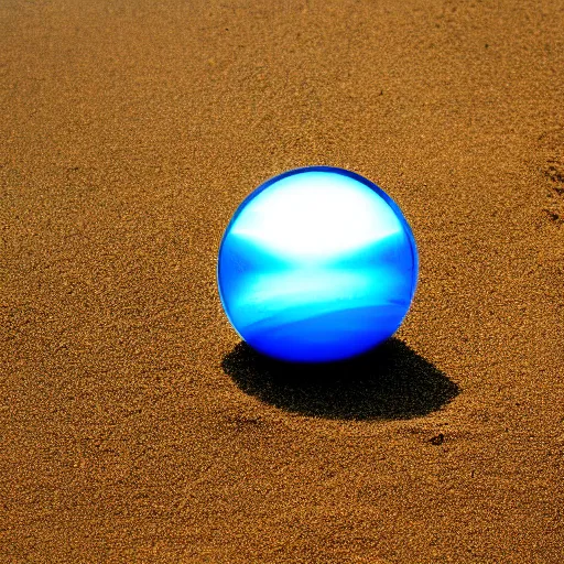 Prompt: a transparent glass sphere on a sandy beach, refraction of light, hd photo