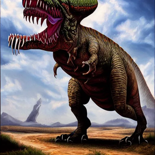 Image similar to a highly detailed painting of the fearsome human dinosaur hybrid the DonaldTrump-asaurus Rex