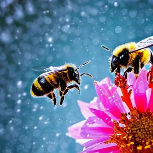 Prompt: an anime bee finding a beautiful flower, entrapped in ice, only snow in the background, beautiful macro photography, warm ambient light