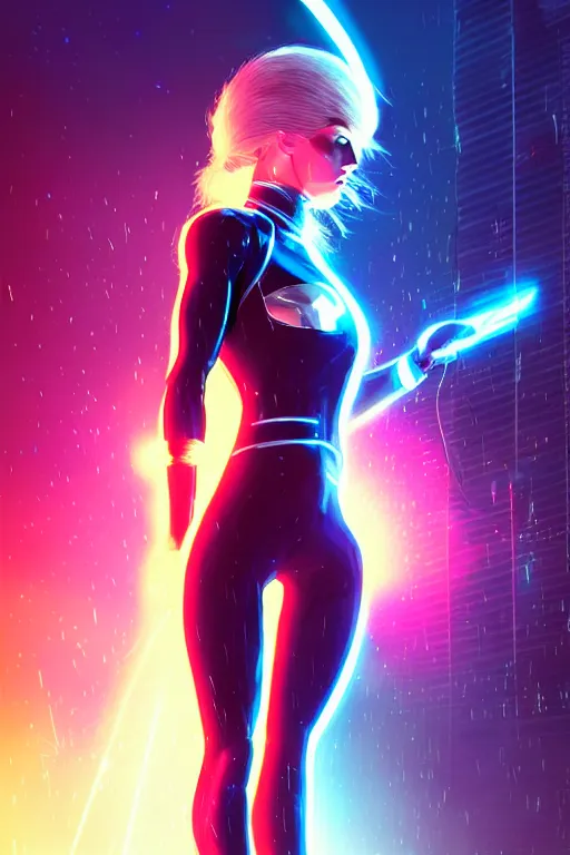 Image similar to portrait futuristic superhero power Girl with thunder and fire sparkles and lazer, in future cyberpunk tokyo heavy rainning rooftop , ssci-fi, fantasy, intricate, very very beautiful, elegant, human anatomy, human structure, neon light, highly detailed, digital painting, artstation, concept art, smooth, sharp focus, illustration, art by tian zi and WLOP and alphonse mucha