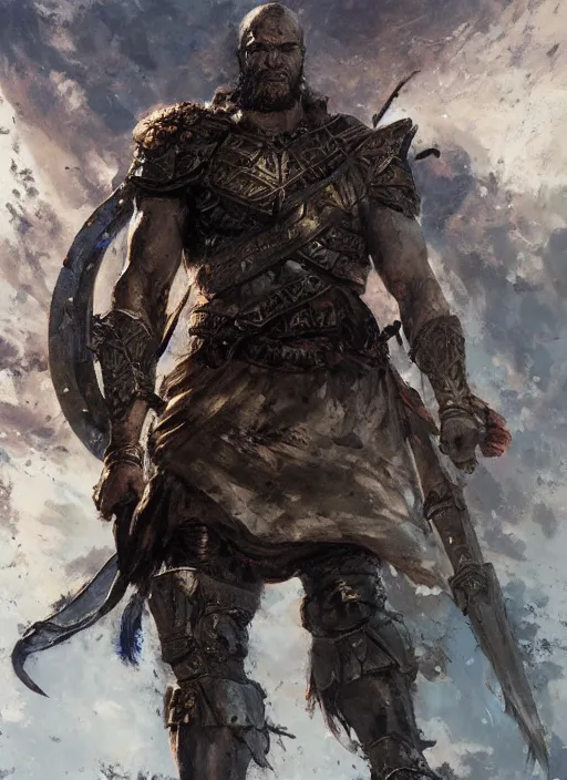 Image similar to ancient historically accurate depiction of the Bible Character Goliath of Gath, the Philistine warrior giant in ancient persian chainmail armor, dramatic lighting art by Yoji Shinkawa by Richard Schmid by greg rutkowski by Sandra Chevrier by Jeremy Lipking cinematic dramatic