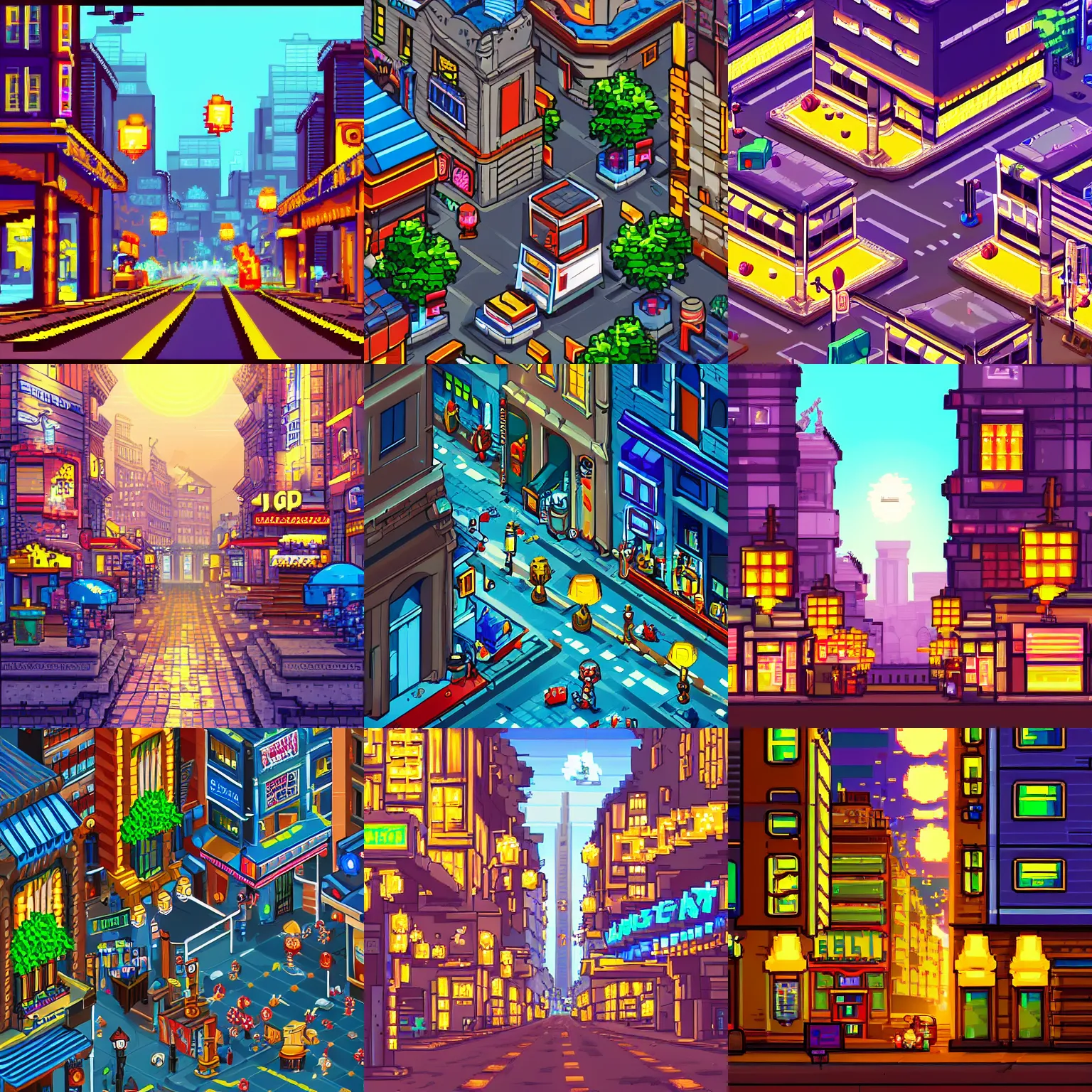 Prompt: street city, fantastic lighting, arcade, videogame, pixel art, high detail, 1 6 bits, 2 d, sprite