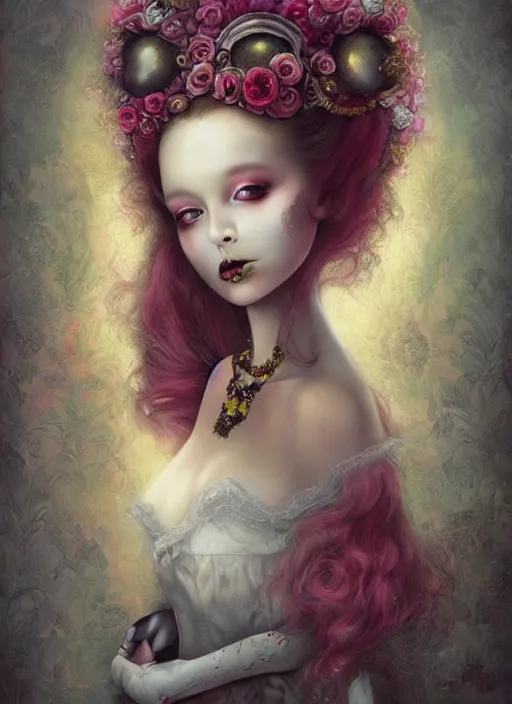 Image similar to pop surrealism, lowbrow art, realistic cute princess painting, bridal victorian fashion, hyper realism, muted colours, rococo, natalie shau, loreta lux, tom bagshaw, mark ryden, trevor brown style,