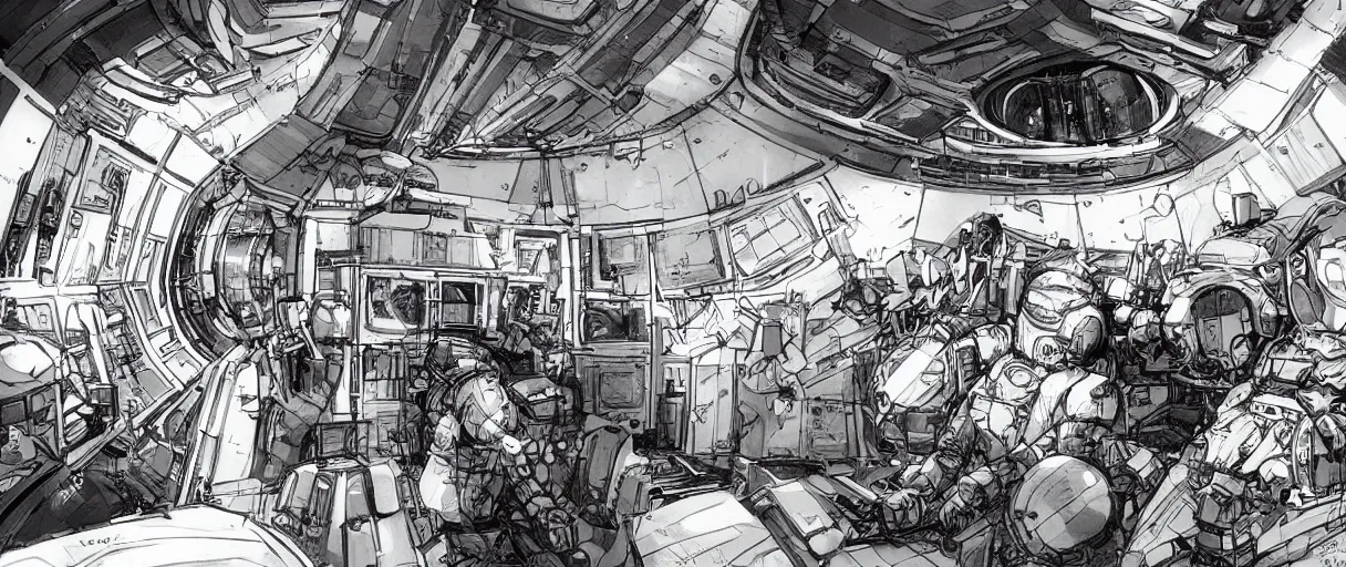 Image similar to concept art for the interior of a space station there is a large window looking out on a planet from space by kim jung gi