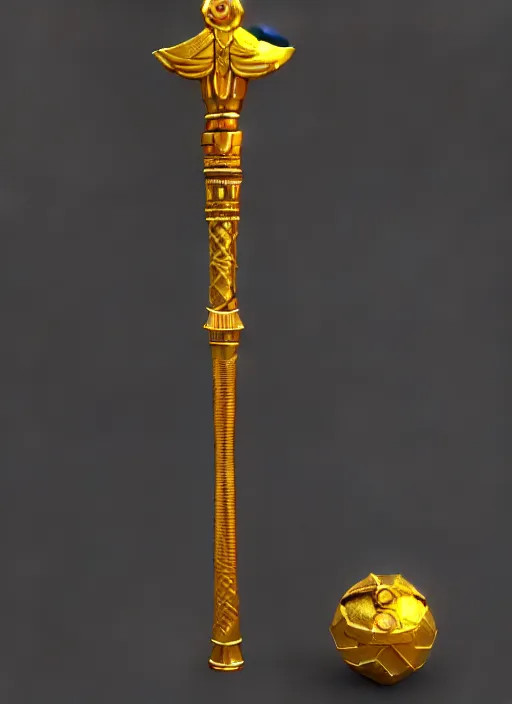 Prompt: rpg item render, a single egyptian gold staff, ancient symbols, bright, Unreal 5, DAZ, hyperrealistic, octane render, dynamic lighting