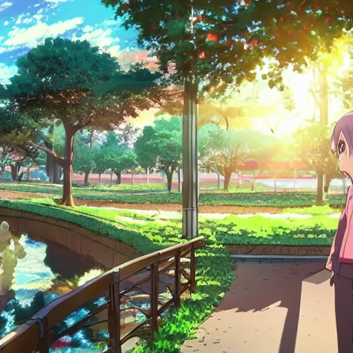 Image similar to a beautiful city park at sunrise, modern anime style, official anime still