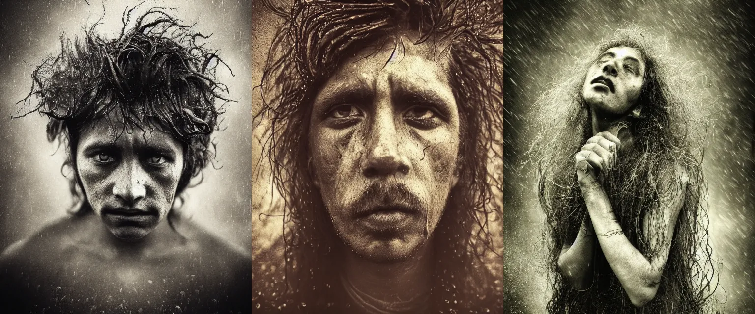 Prompt: Award winning Editorial photograph of Early-medieval Mexican Folk mythological Monster with incredible hair and beautiful hyper-detailed eyes in a rain storm by Lee Jeffries, 85mm ND 4, perfect lighting, gelatin silver process