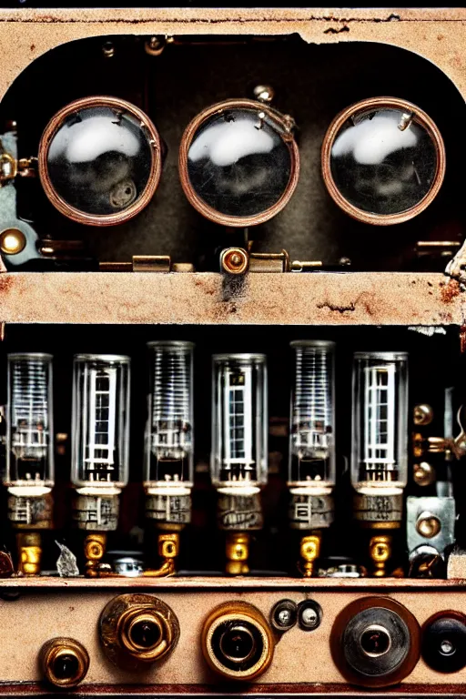 Image similar to A photo of a very old opened camera with vacuum tubes, capacitors and coils inside by Wes Anderson, grungy, weathered Ultra detailed, hyper realistic, 4k