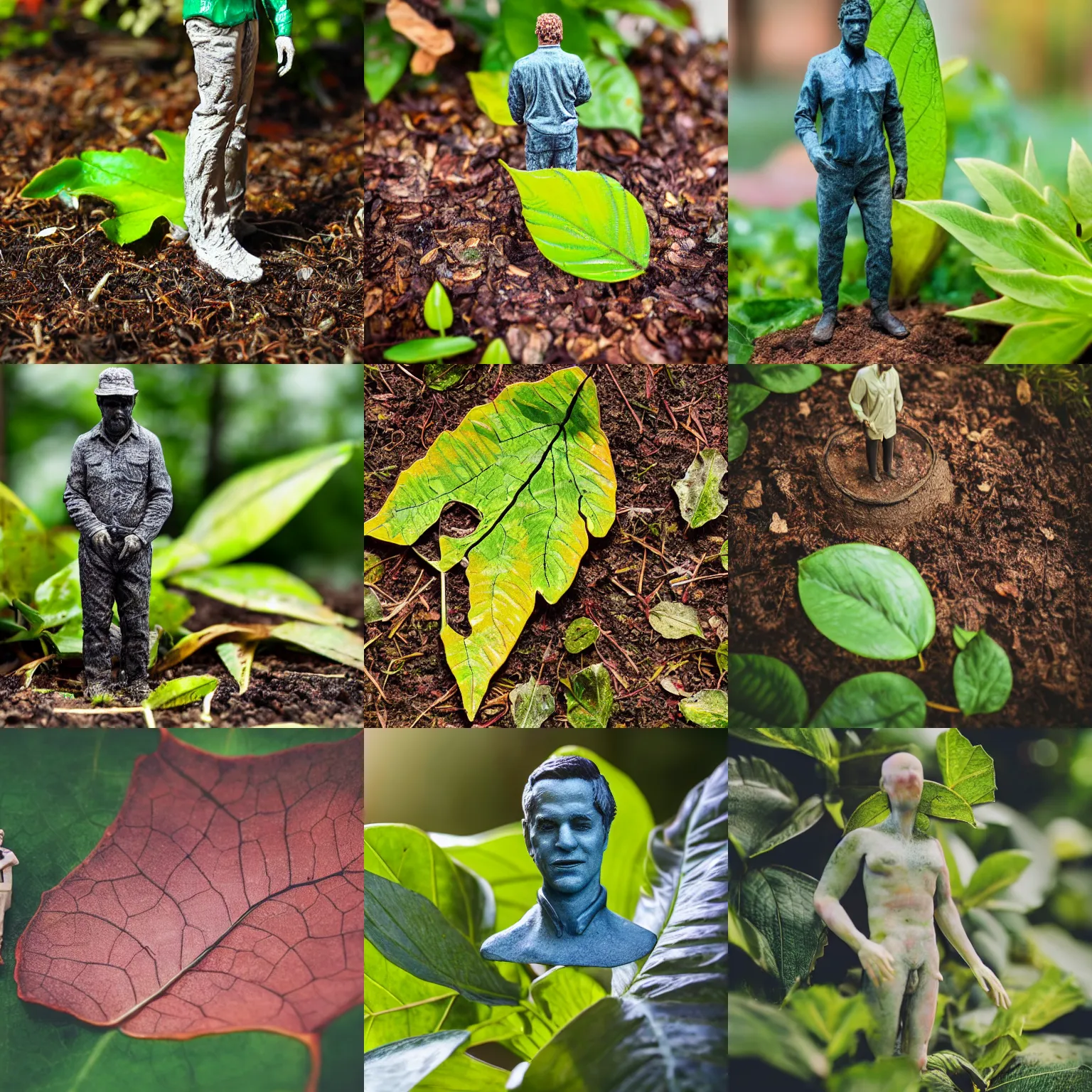 Prompt: Realistic painted resin figure of a man, standing under a leaf in the garden, macro photography