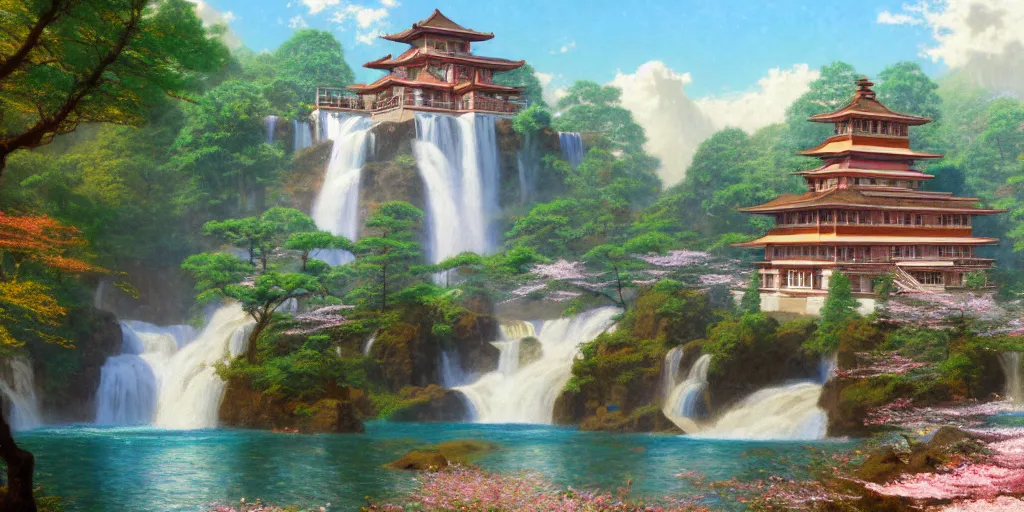 Prompt: a beautiful rendering of an art deco Shangri-la brownstone temple on a platform that extends over a great waterfall, Sakura cherry blossoms , by Albert bierstadt and jonas de ro and studio ghibli, trending on artstation-H 576