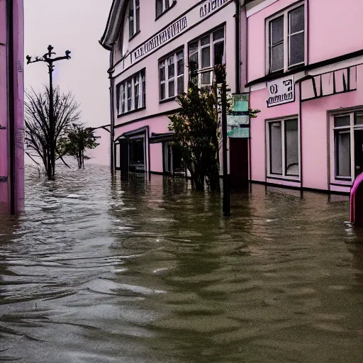 Image similar to vaporwave Album Art of a german town being flooded, retro, grainy, noisy