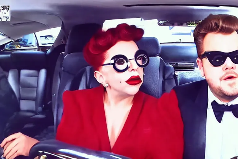 Image similar to lady gaga and judy garland doing carpool karaoke, lady gaga and judy garland, carpool karaoke, lady gaga, judy garland, carpool karaoke, youtube video screenshot, the late late show with james corden, higly realistic, high resolution, dashcam