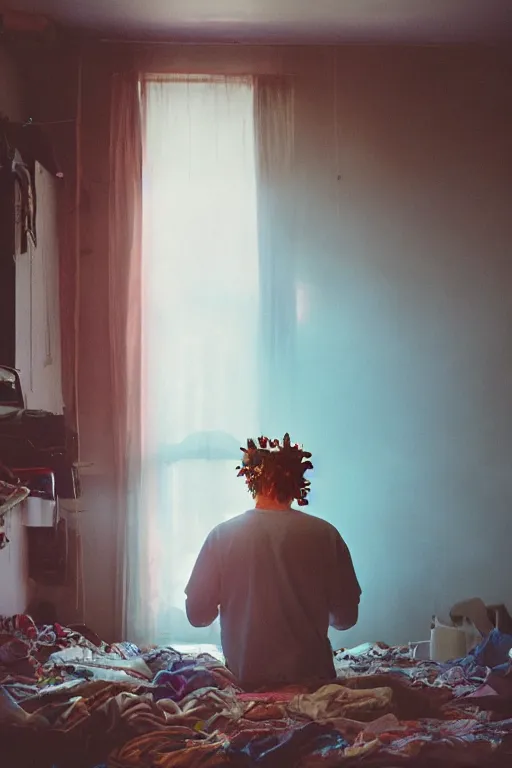 Image similar to kodak portra 4 0 0 photograph of a guy wearing a flower crown in a cluttered messy 9 0 s bedroom, back view, lens flare, moody lighting, moody vibe, telephoto, 9 0 s vibe, blurry background, grain, tranquil, calm, faded!,