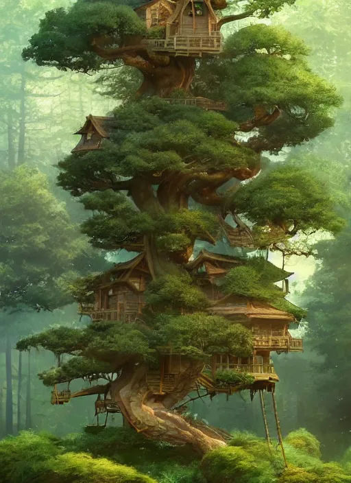 Image similar to beautiful tree house in a gnarly bonsai in a ancient forrest, dynamic lighting, cinematic, establishing shot, extremly high detail, foto realistic, cinematic lighting, post processed, concept art, artstation, matte painting, style by ghibli, myazaki