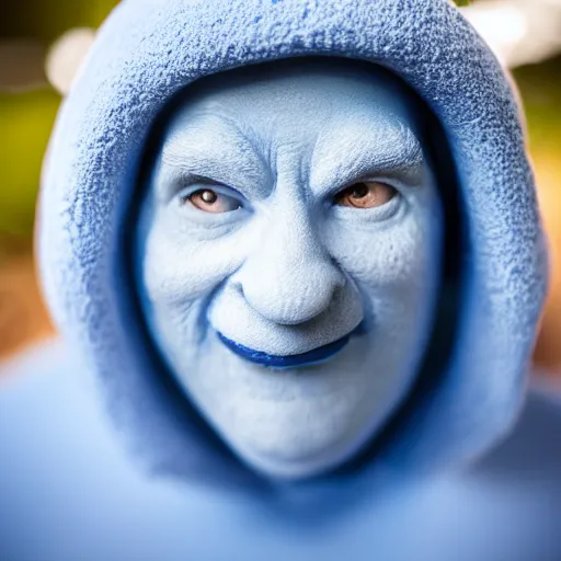 Image similar to close - up photo of a real life smurf, f 1. 4, garden, golden ratio, rim light, top light, overcast day