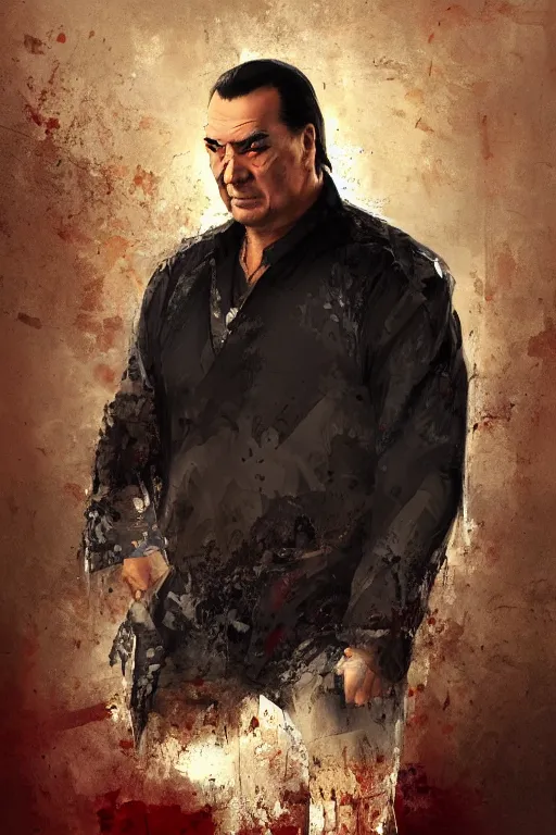 Image similar to sad steven seagal full body portrait in handcuffs, intricate, highly detailed, digital painting, artstation, concept art, smooth, sharp focus, illustration, whimsical background by marc simonetti, artwork by liam wong, patriotic