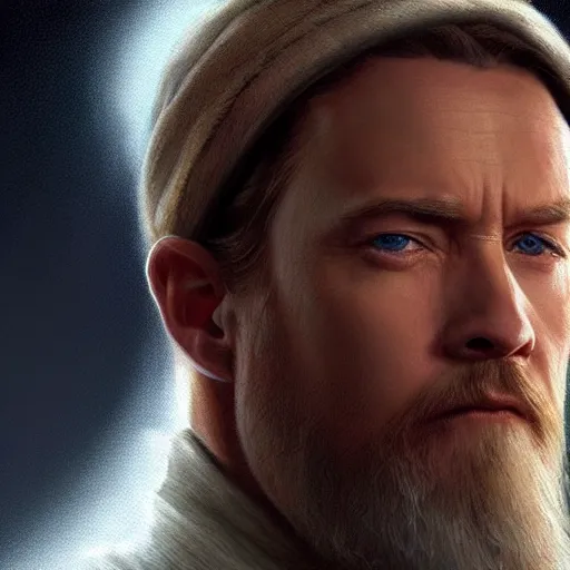 Image similar to an ultra - realistic portrait painting of obi - wan kenobi in the style of alex ross. 4 k. ultra - realistic. highly detailed. epic lighting.