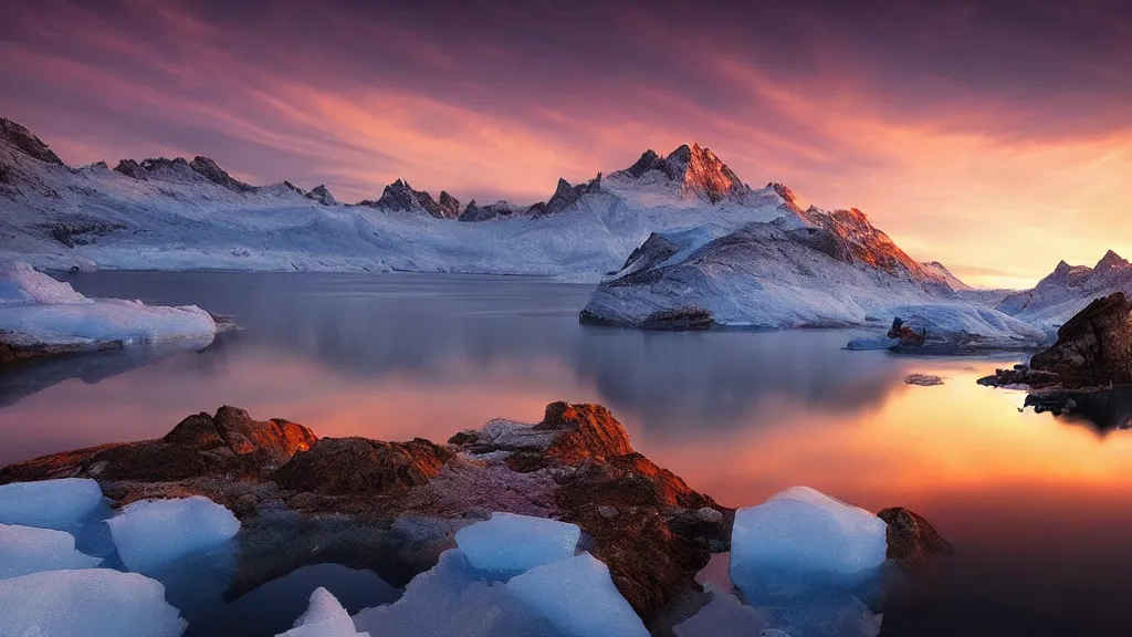 Prompt: amazing landscape photo of polar light with lake in sunset by marc adamus, beautiful dramatic lighting