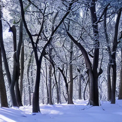 Prompt: winter forest, snow, trees, sunny : : by benoit b mandelbrot