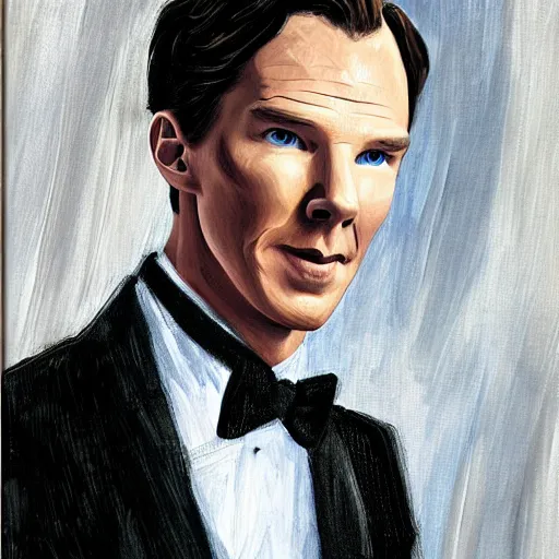 Prompt: Benedict cumberbatch in a suit, classic painting, detailed