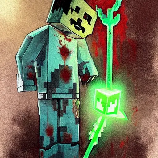 Image similar to painting by greg rutkowski of a minecraft drowned zombie holding a trident with glowing cyan eyes, wearing ragged clothing and and algae growing on it, holding a trident, underwater