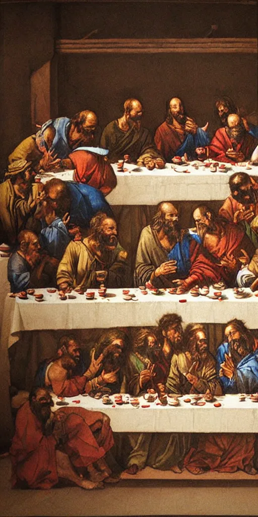 Image similar to oil painting scene from the last supper by kim jung gi