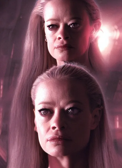 Image similar to 35mm portrait of an intricate and sophisticated borg with the face of young Jeri Ryan , on the background of a weird magical mechanical forest. Round gears visible inside her hear. Very detailed 8k. Fantasy cyberpunk horror. Sharp. Cinematic post-processing