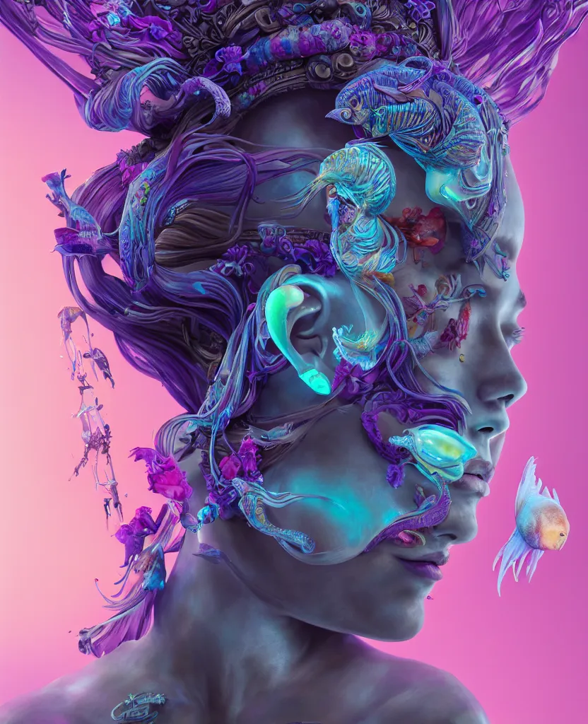 Image similar to goddess full color painted acryllic sculpture close-up portrait. orchid bird phoenix head, nautilus, skull, betta fish, bioluminiscent creatures, intricate artwork by Tooth Wu and wlop and beeple. octane render, trending on artstation, greg rutkowski very coherent symmetrical artwork. cinematic, hyper realism, high detail, octane render, 8k