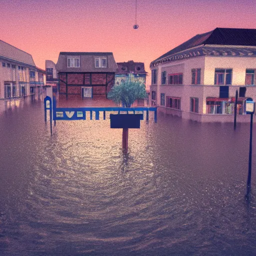 Prompt: 80s vaporwave outrun 3d Render of a german town being flooded, liminal space retro, grainy, noisy