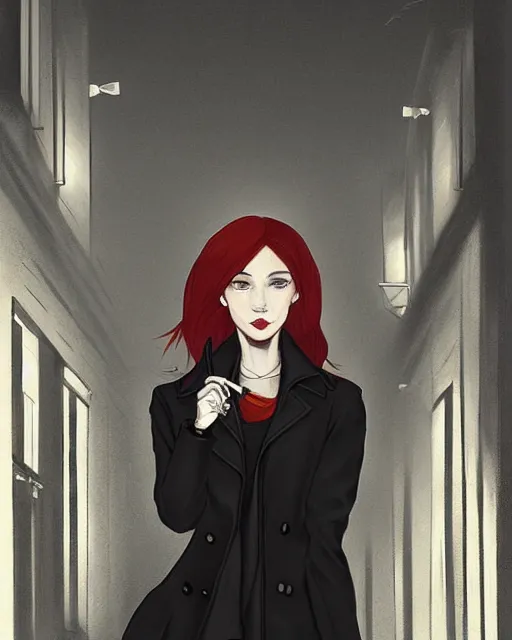Prompt: A ultradetailed beautiful portrait painting of a redhaired woman in a black trenchcoat smoking a cigarette in a dark alley at night. trending on deviantart, film noire, Ilya Kuvshinov.