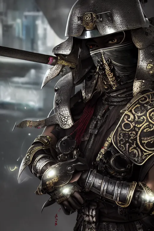 Image similar to magical realism cyberpunk samurai warrior, helmet, armour, ultradetailed, volumetric lighting, 4k UHD.