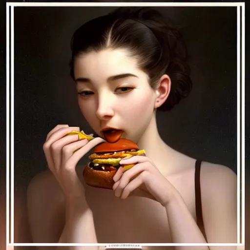 Prompt: an attractive serene cute android eating a hamburger, luscious sesame seed buns with extra ketchup pickles and onions, partially human , partially biomedical design , natural atmosphere, great high details, highly reaslitic, cinematic lighting, intricate, elegant, super highly detailed, art station, concept arD, beautiful, delicate, art by artgerm and greg rutkowski and alphonse mucha and loish and WLOP