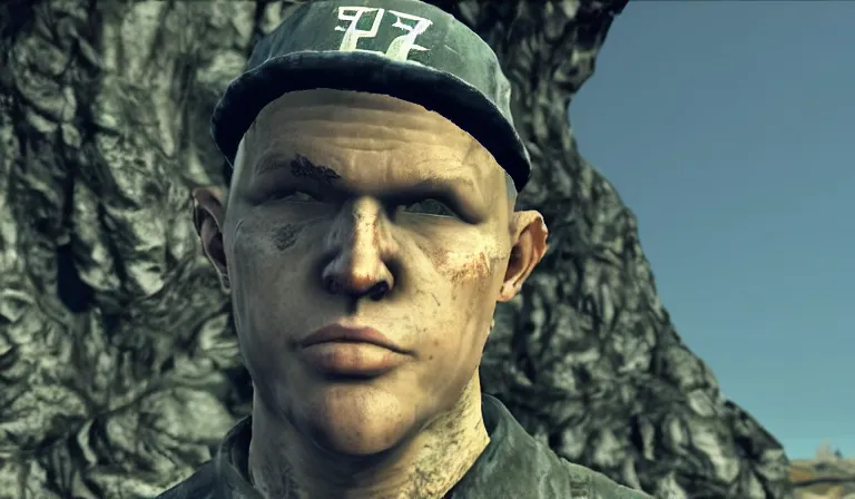 Prompt: Yung Lean in a cutscene from Fallout New Vegas, wide shot, low angle, screenshot