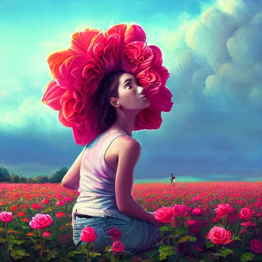 Prompt: giant rose flower head, full body girl sitting in a flower field, surreal photography, sunrise, dramatic light, impressionist painting, colorful clouds, digital painting, artstation, simon stalenhag