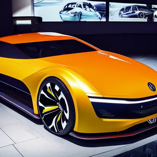 Prompt: a concept vision gran turismo style volkswagen mid engined sports car in a showroom