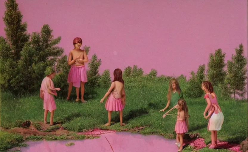 Image similar to kids wearing a codex seraphinianus costume in a pink lake h 1 2 0 0