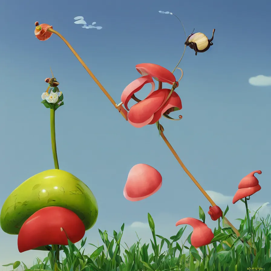 Prompt: Side view of a snail climbing up the pole of the tallest flower in the field, art by Goro Fujita