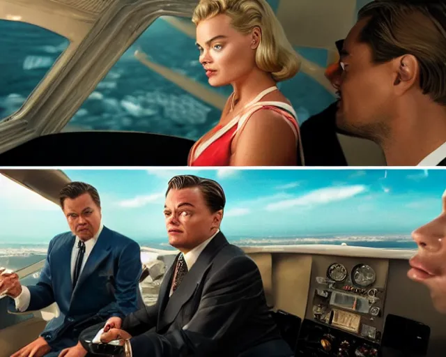 Image similar to leonardo dicaprio as the wolf of wall street next to margot robbie as naomi from the wolf of wall street in a helicopter, hyper realistic faces, beautiful eyes, cinematic, long shot, hyper detailed, 8 5 mm photograph, 8 k resolution, film still, sharp lens, wide lens