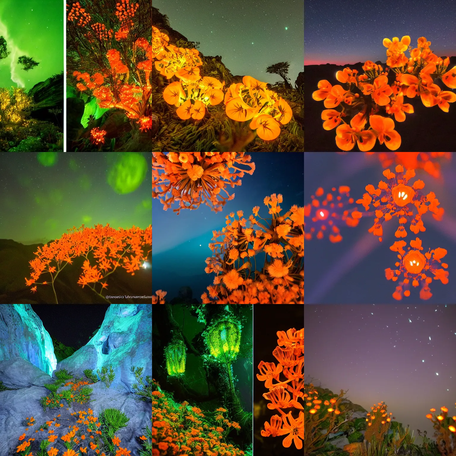 Prompt: beautiful nature photography of bioluminescent orange flowers from planet pandora, low light, avatar, james cameron