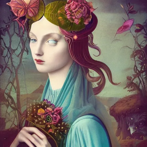Prompt: a detailed portrait of young woman in renaissance dress and a surreal renaissance headdress, very surreal garden, cyberpunk, surreal tea party, strange creatures, by christian schloe and botticelli, naotto hattori, amy sol, roger dean, moody colors