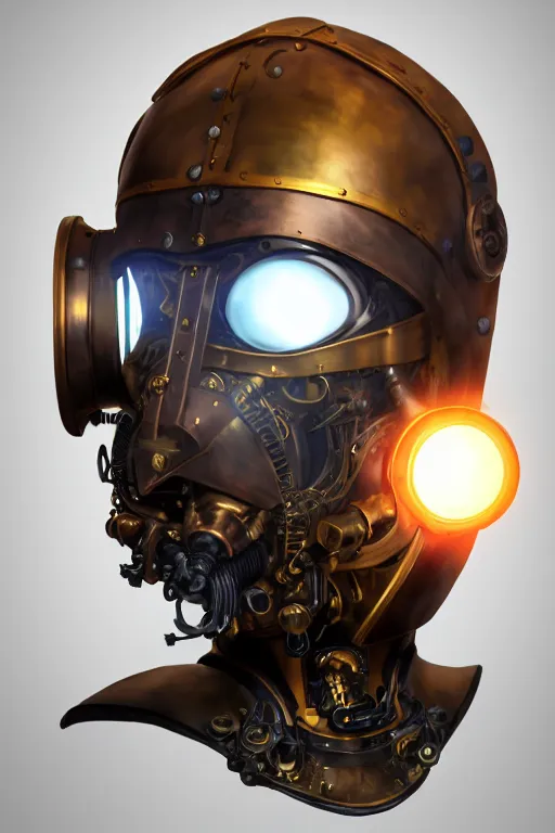 Image similar to steampunk mask minimalist fantasy art robot ninja helmet, global illumination ray tracing hdr fanart arstation by sung choi and eric pfeiffer and gabriel garza and casper konefal radiating a glowing aura