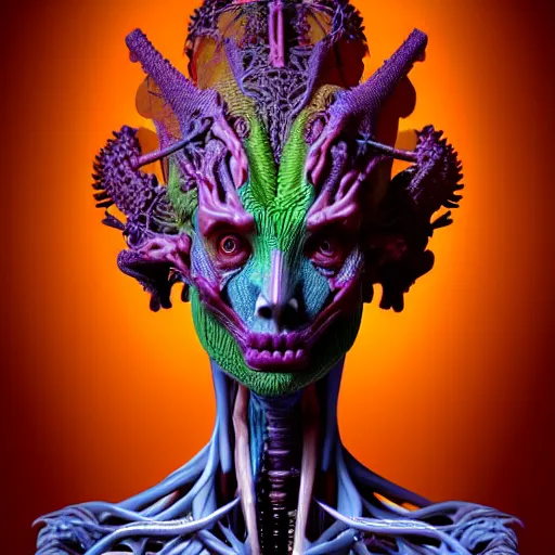 Prompt: a color high quality photo of a young beautiful female queen-dragon-cyborg bust with a very long neck and Mandelbrot fractal face, Mandelbrot fractal skin, flesh, anatomical, facial muscles, veins, arteries, elegant, highly detailed, flesh highly baroque ornate, hair are wired cables, elegant, high fashion, rim light, octane render, in the style of H.R. Giger and Flora Borsi, Realistic, Refined, Highly Detailed, Cinematic Lighting, rim light, photo-realistic, 8K