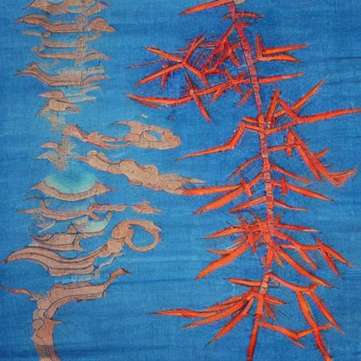 Prompt: Precambrian sea in Chinese silk painting style