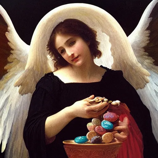 Prompt: an oil painting of an angel inside a theater eating M&M candies, by Bouguereau, highly realistic and intricate