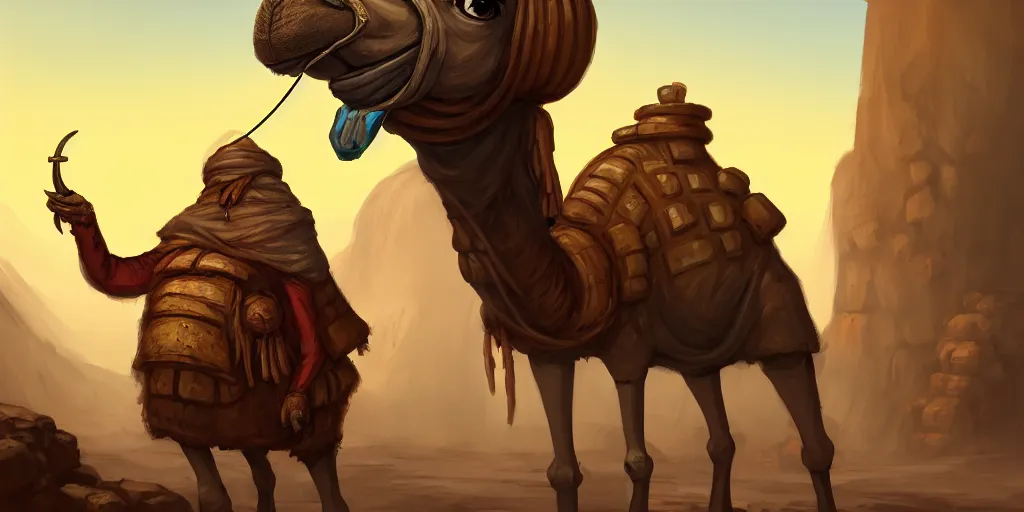 Image similar to an anthropomorphic camel that is a merchant, village trader, caves of qud, matte oil painting, retrofuturistic, concept art, science fantasy, post - apocalyptic, mutant, rpg, epic, rust, salt, plants, dungeons & dragons, toxic, sharp focus, award - winning, extremely detailed, 4 k, 8 k